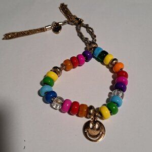 Betsey Johnson rainbow beaded gold chain happy smiley face bracelet